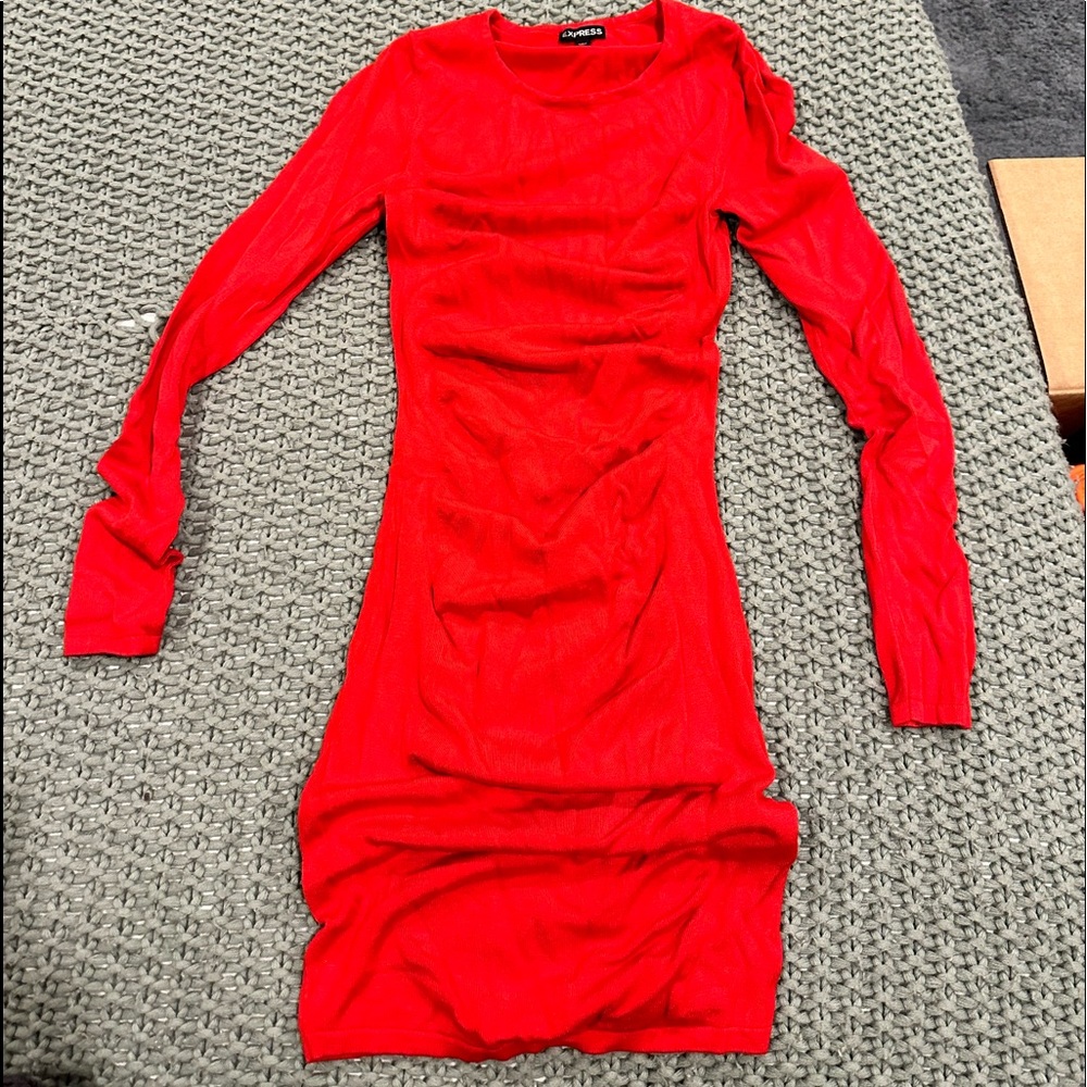 Express Ruched Bodycon Sweater Dress Red XS